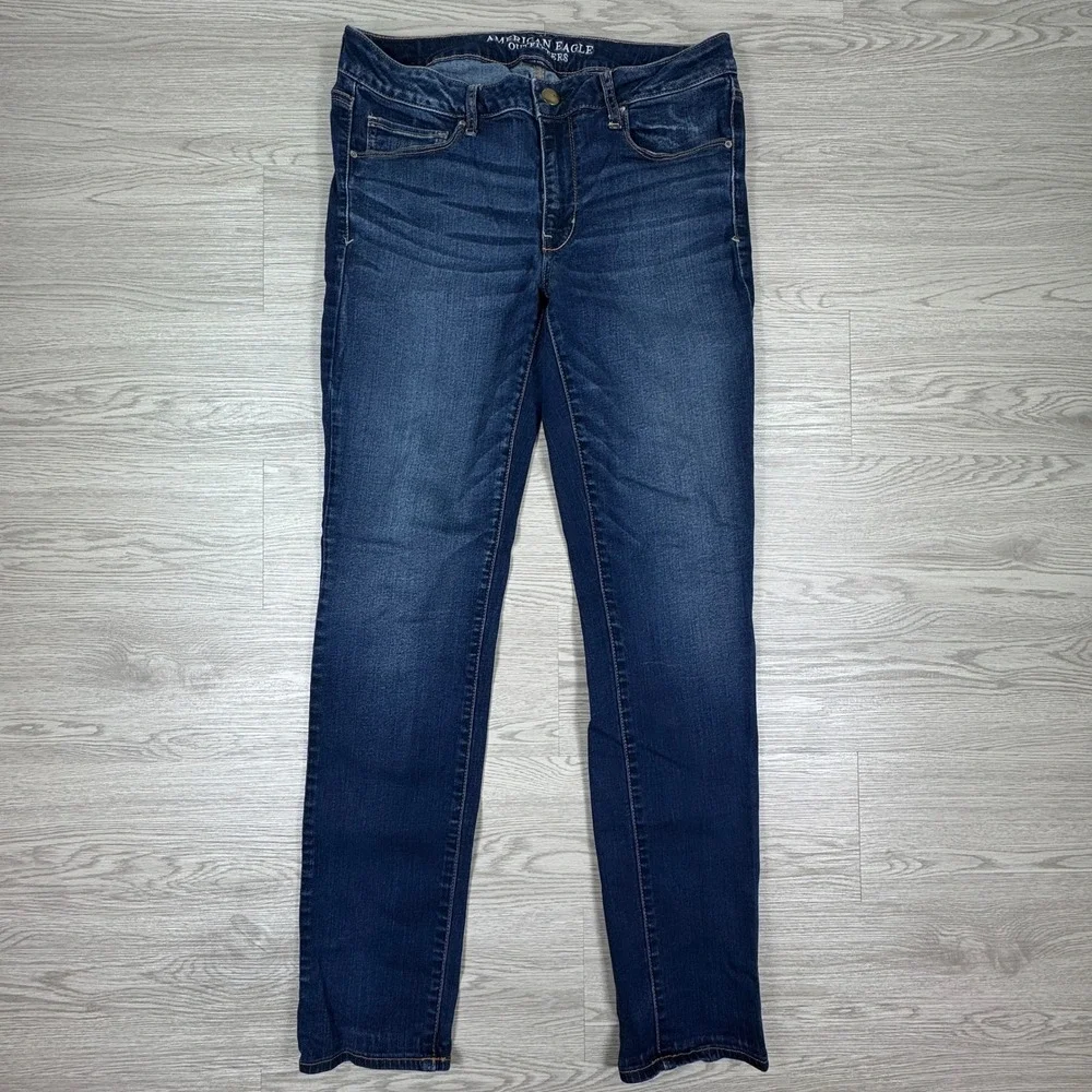 American Eagle Women Skinny Jeans Super Stretch Dark Wash 12 Long Blue Denim - Picture 1 of 9
